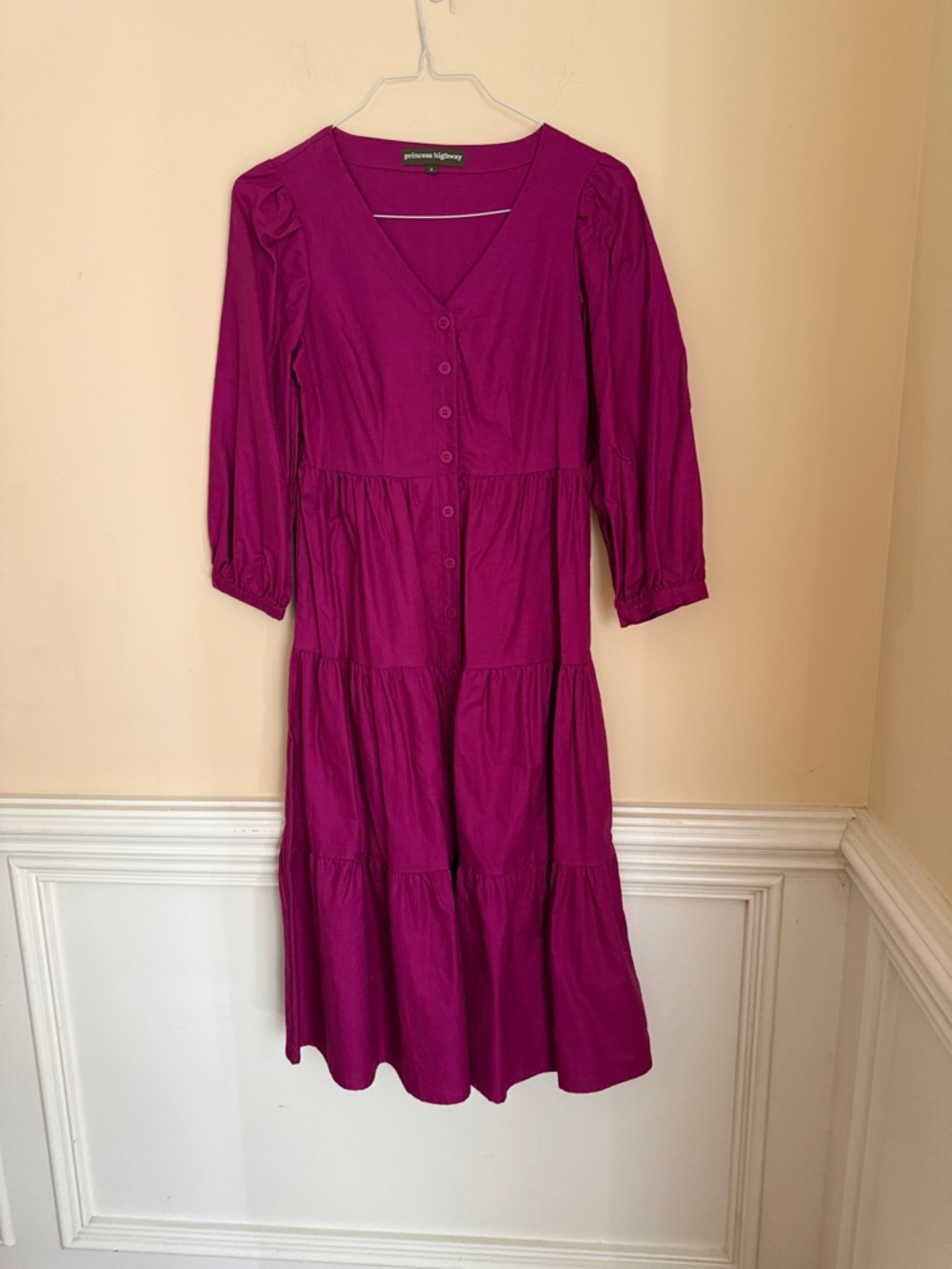 Princess Highway "Florence" Tiered Button-Front Midi Dress -‎ Magenta (Size 6)